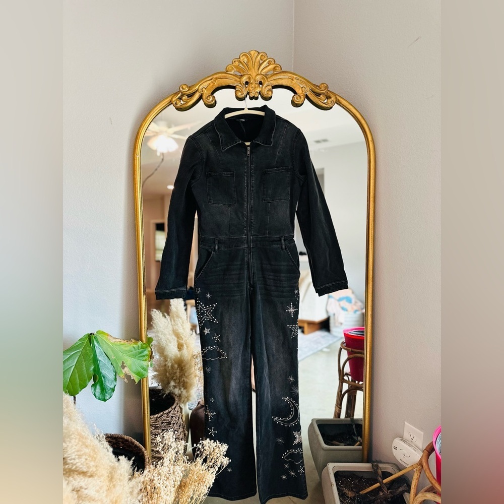 Driftwood x free people black embroidered celestial denim jumpsuit medium nwt